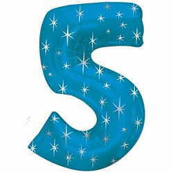 Фигура из фольги с гелием Цифра 5 синяя с звездами