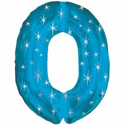 Фигура из фольги с гелием Цифра 0 синяя с звездами