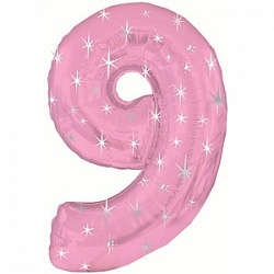 Фигура из фольги с гелием Цифра 9 розовая с звездами