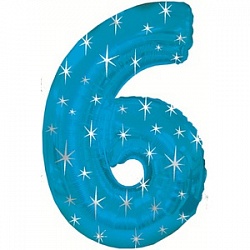 Фигура из фольги с гелием Цифра 6 синяя с звездами