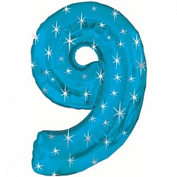 Фигура из фольги с гелием Цифра 9 синяя с звездами
