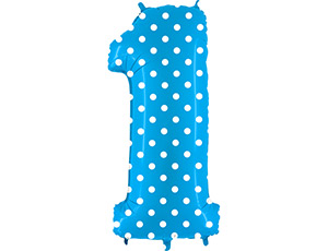 Фигура из фольги с гелием Цифра 1 голубая с белым горохом