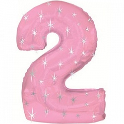 Фигура из фольги с гелием Цифра 2 розовая с звездами