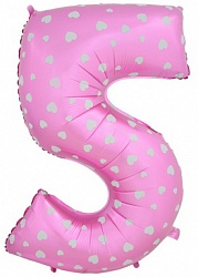 Фигура из фольги с гелием Цифра 5 розовая с белыми сердечками