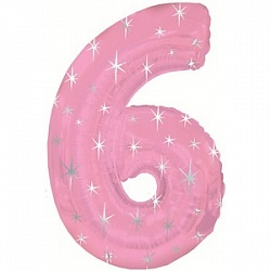 Фигура из фольги с гелием Цифра 6 розовая с звездами
